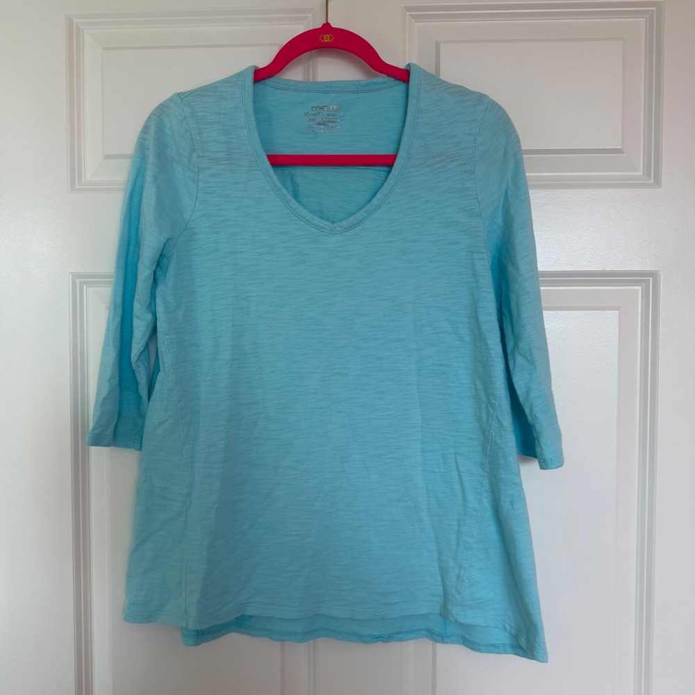 Chico's Top Women 0 S Blue The Ultimate Tee V-Neck 3/4 Sleeve Slub Knit Cotton